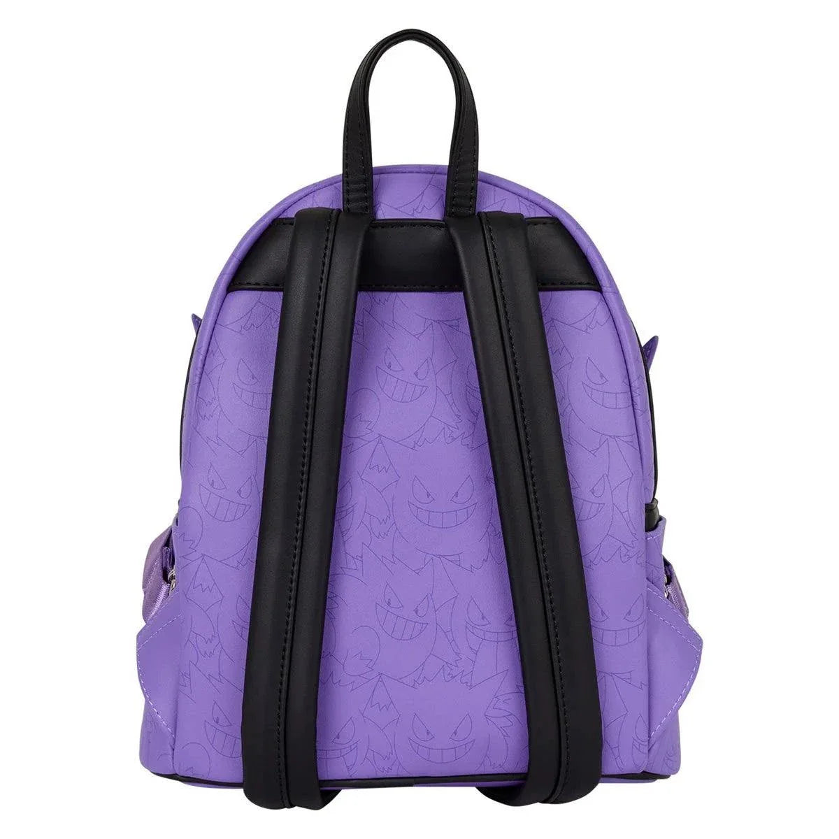Purple Pokemon Gengar mini backpack with black adjustable shoulder straps and subtle Gengar face pattern.