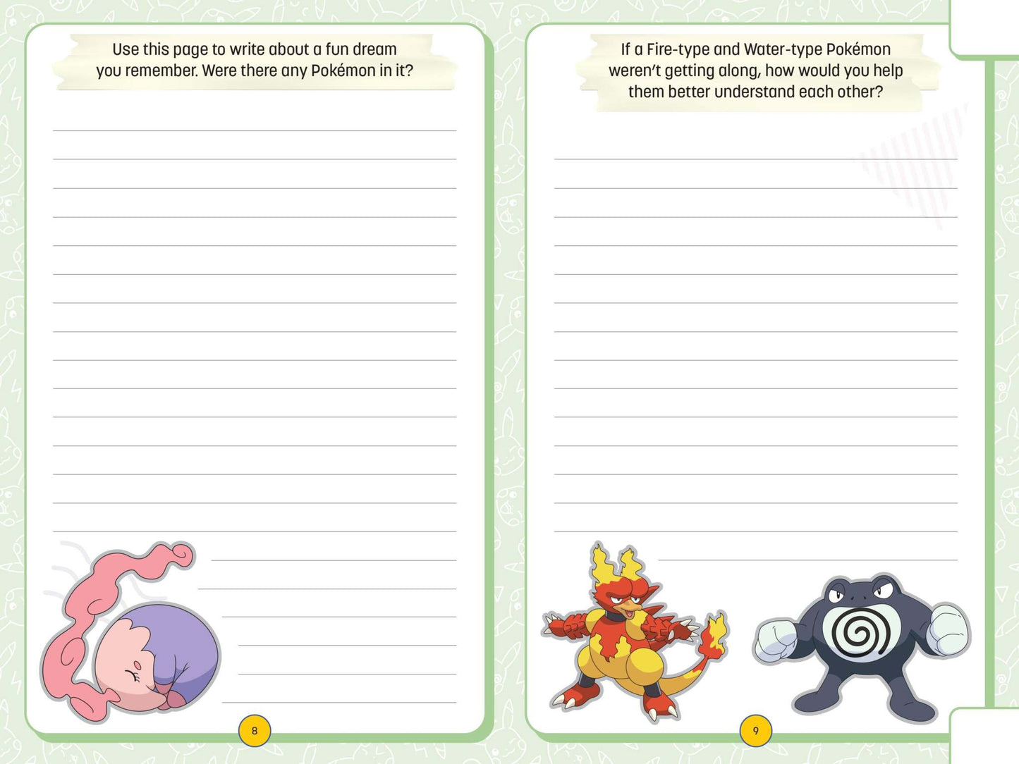 Open pages of My Super Awesome Pokémon Journey Notebook featuring lined writing prompts with Pokémon illustrations and creative questions for kids.