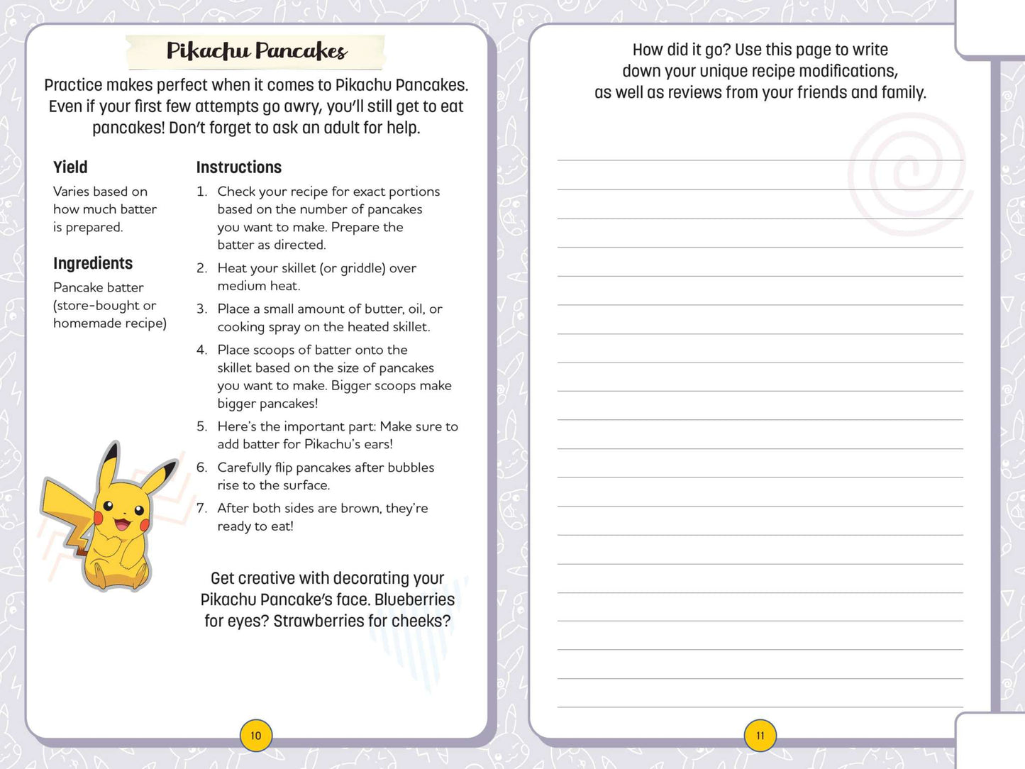 Open pages of My Super Awesome Pokémon Journey Notebook featuring Pikachu Pancakes recipe and writing space for notes and reviews