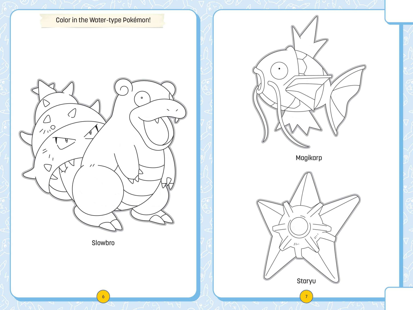 Coloring pages of Water-type Pokémon Slowbro, Magikarp, and Staryu from My Super Awesome Pokémon Journey Notebook for kids' creative play.