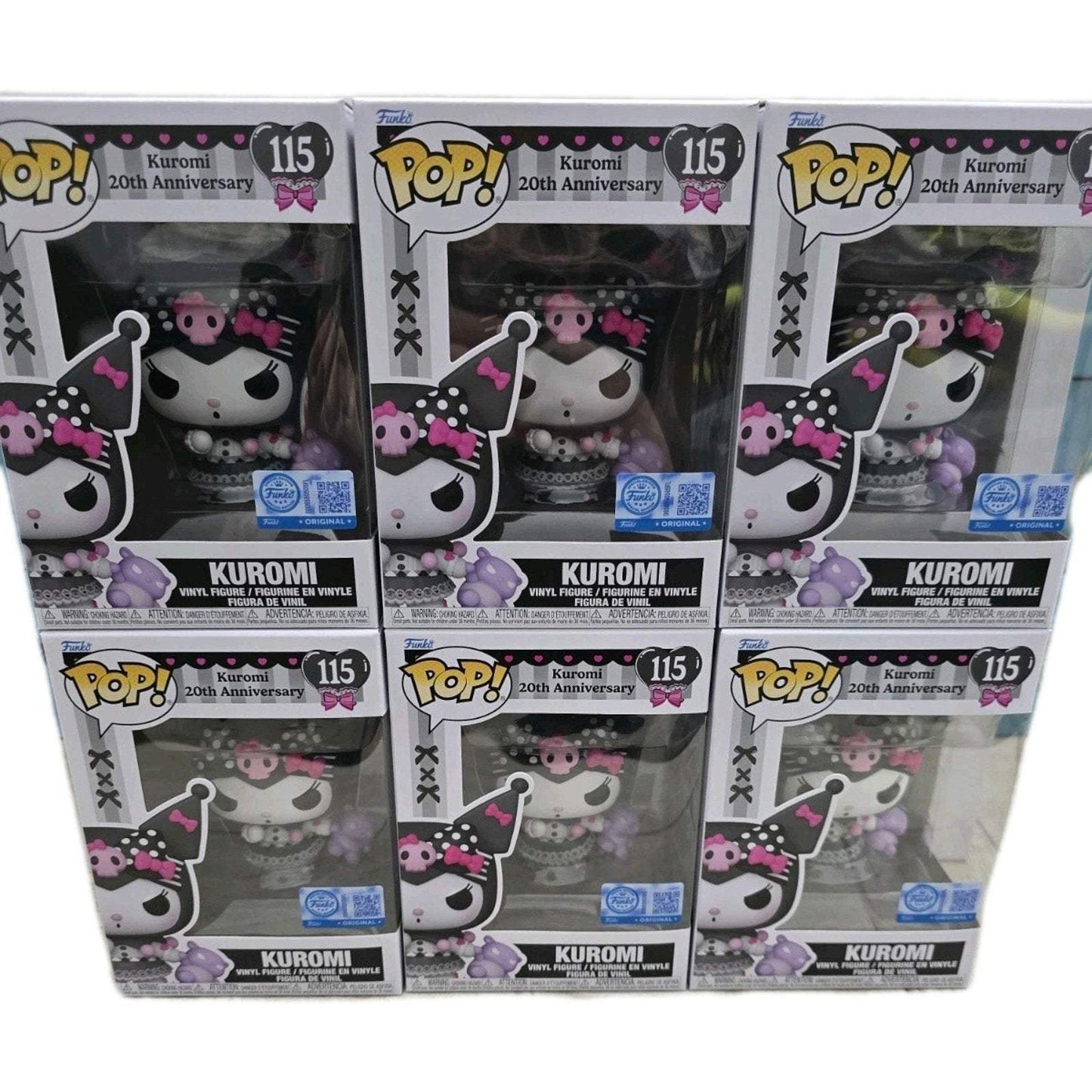 Sanrio Kuromi 20th Anniversary Funko Pop vinyl figure in special edition packaging with pink and black accents, six boxed units displayed.