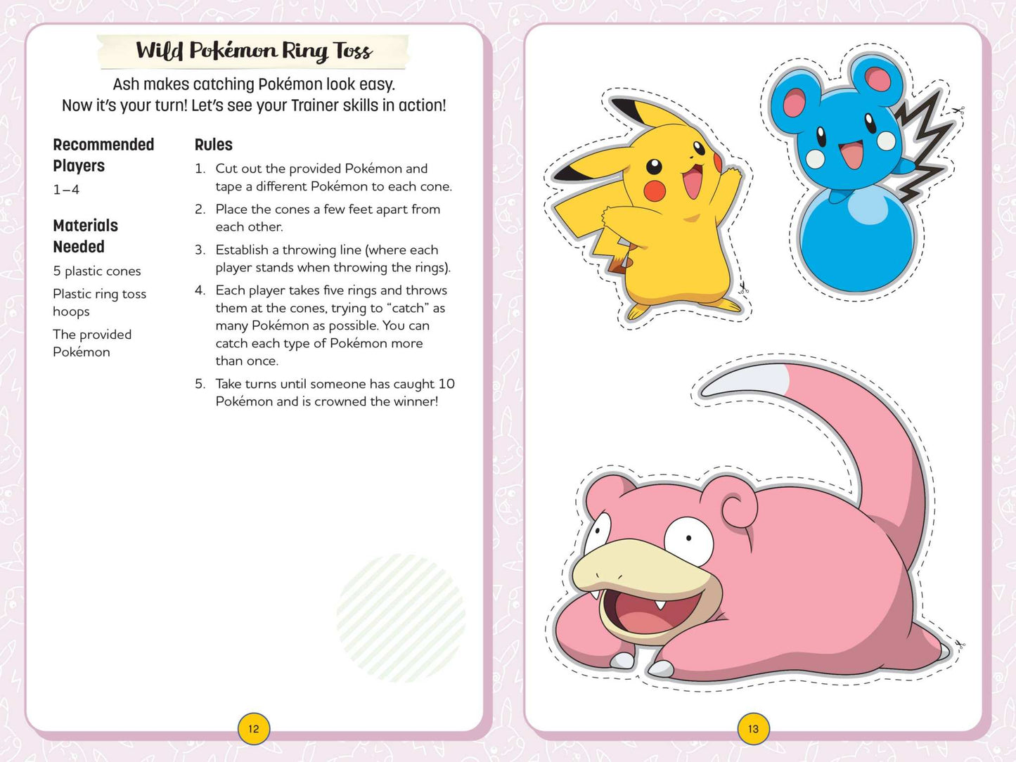 Pages from My Super Awesome Pokémon Journey Notebook featuring Wild Pokémon Ring Toss game with Pikachu, Marill, and Slowpoke illustrations