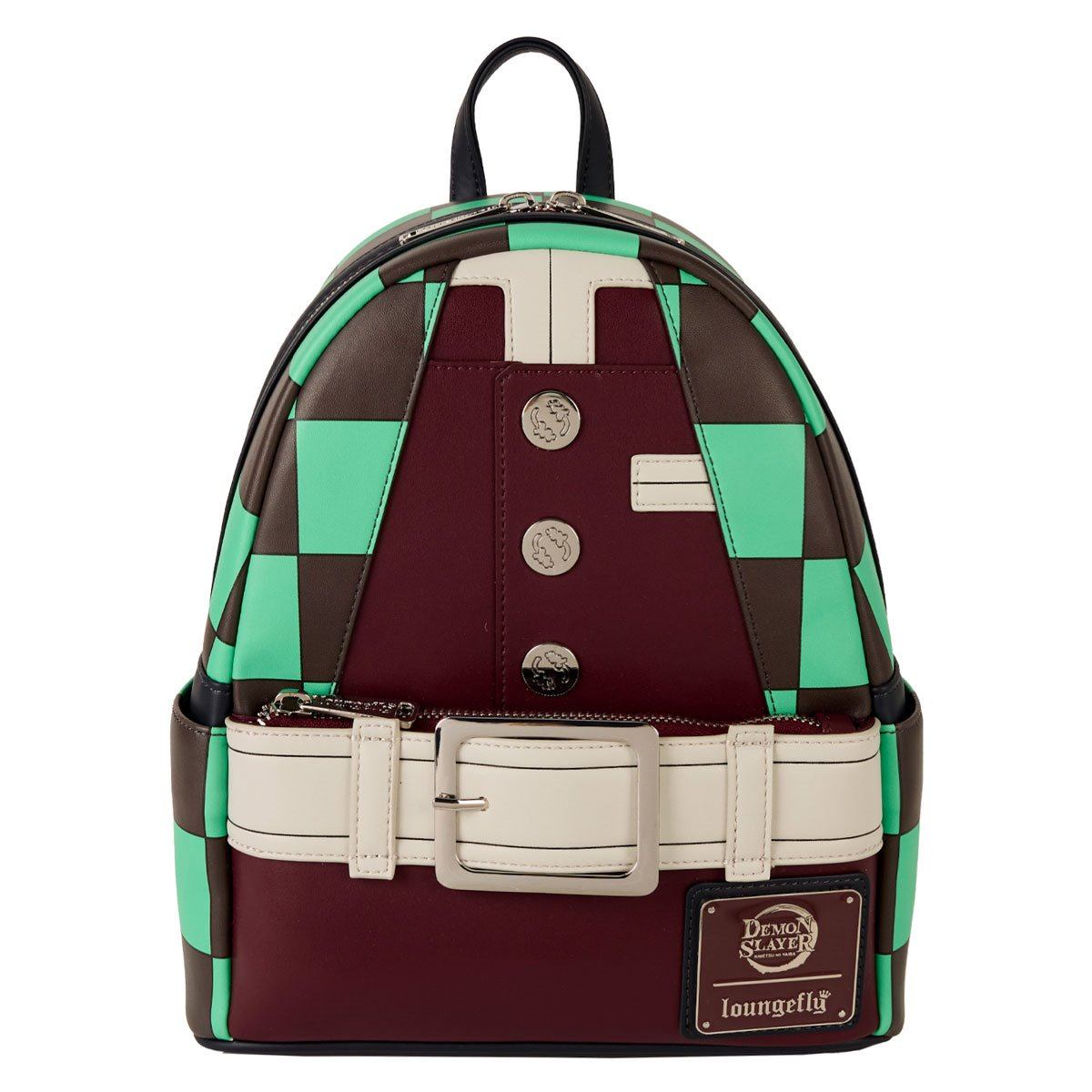 Loungefly Demon Slayer Tanjiro Kamado cosplay mini backpack with green and brown checkered pattern, faux leather, adjustable straps, and detailed character design.