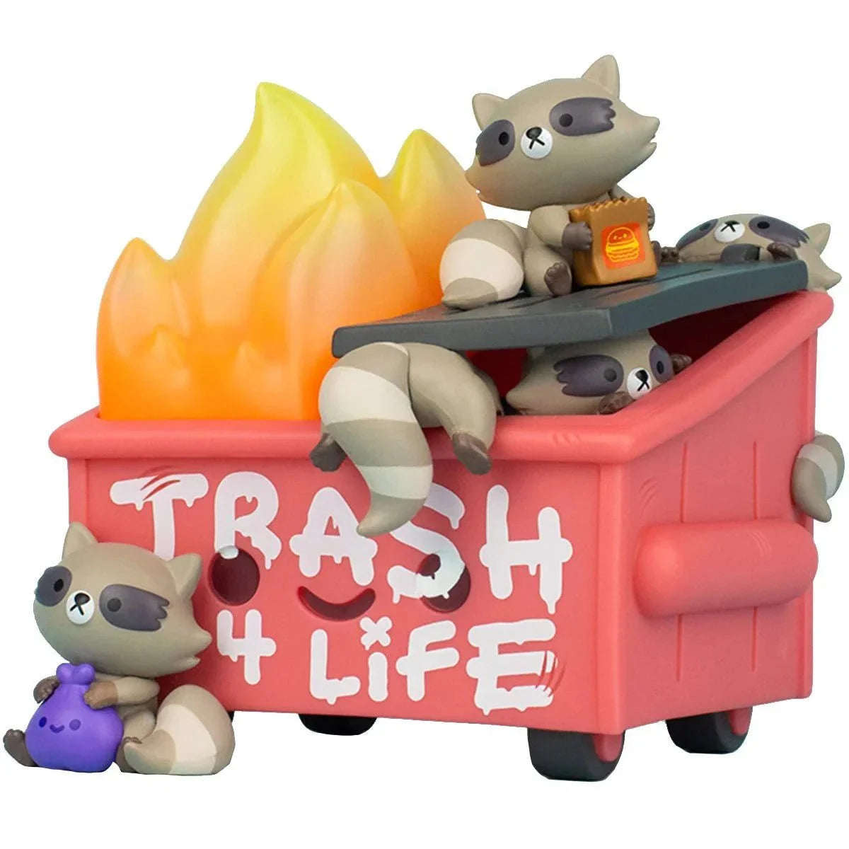 Dumpster Fire vinyl figure featuring raccoons around a flaming pink trash dumpster with "Trash 4 Life" text