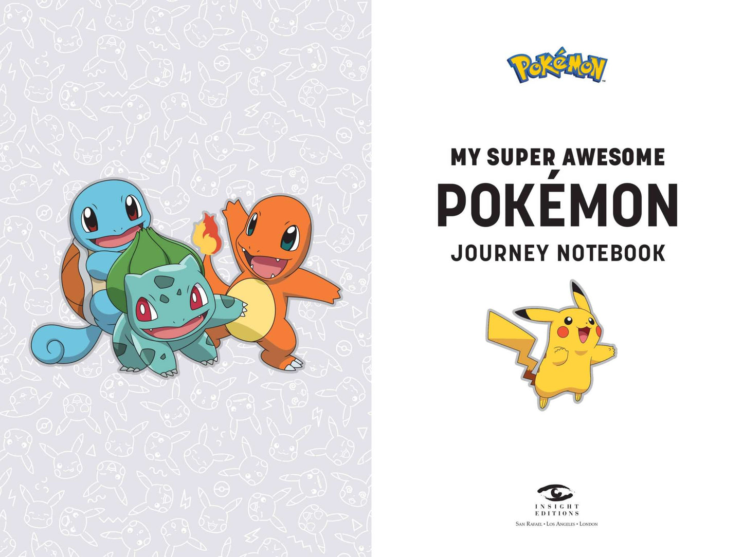 My Super Awesome Pokémon Journey Notebook with Pikachu, Bulbasaur, Charmander, and Squirtle illustrations and logo