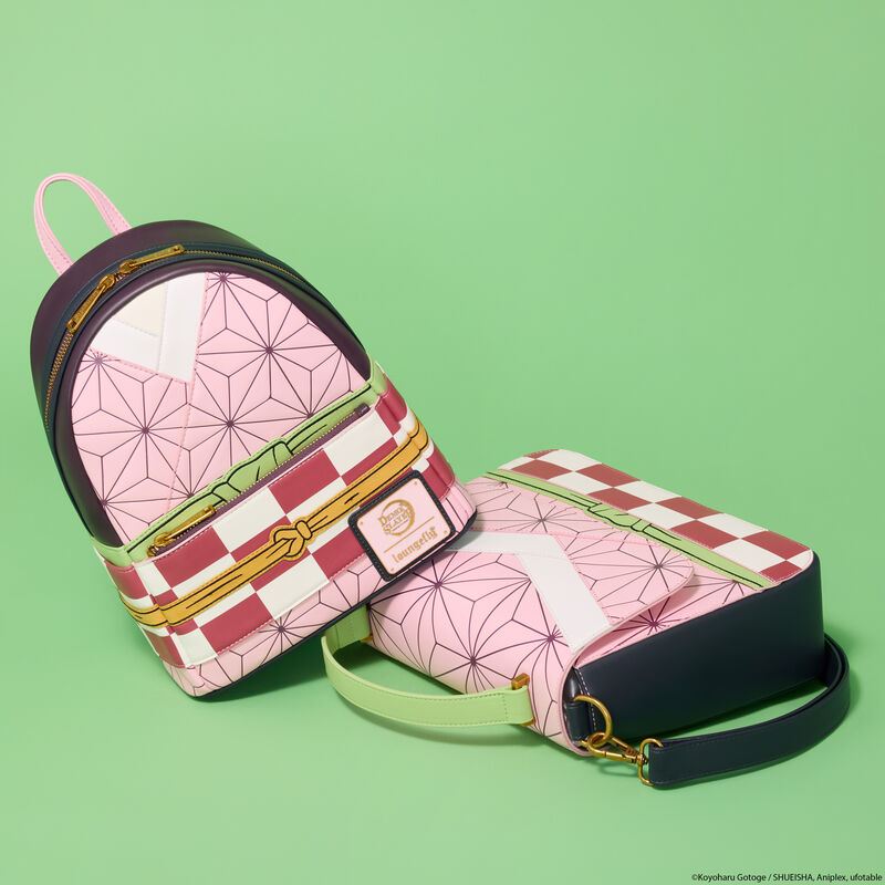 Loungefly Demon Slayer mini backpack with pink geometric design and red checkered pattern inspired by Nezuko Kamado cosplay