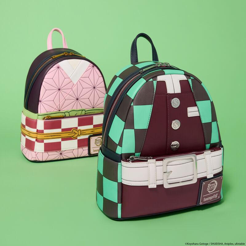 Loungefly Demon Slayer mini backpacks with Nezuko Kamado cosplay design in faux leather and detailed character patterns