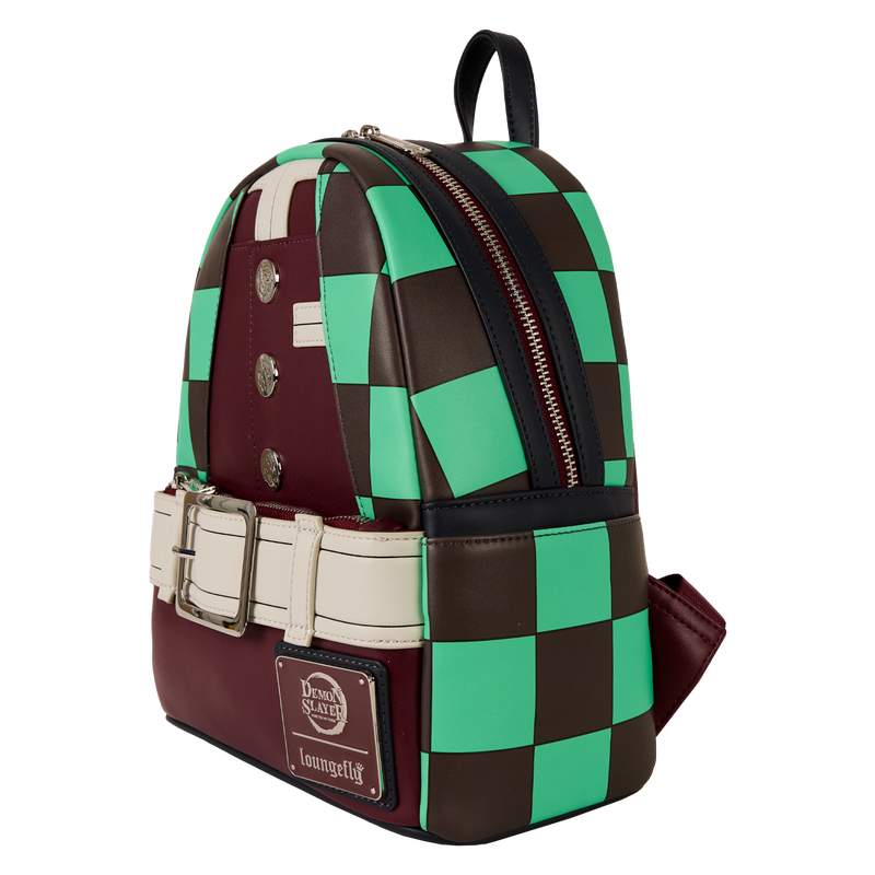 Loungefly Demon Slayer mini backpack featuring Tanjiro Kamado design with green and brown checkered pattern and faux leather construction