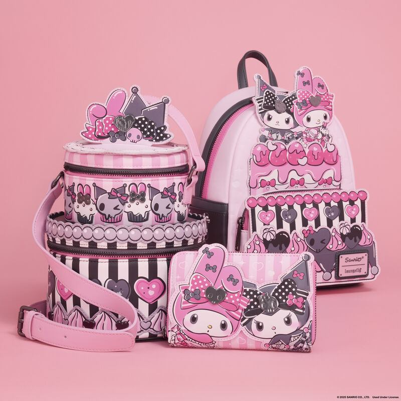 Pink Loungefly mini backpack featuring Sanrio My Melody and Kuromi cake design with matching purse and crossbody bags
