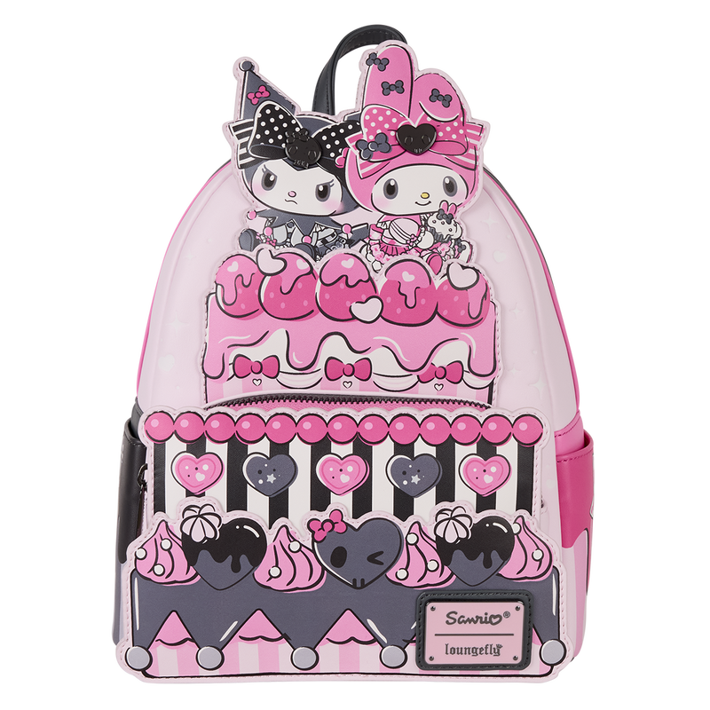 Loungefly Sanrio My Melody and Kuromi mini backpack with cake design in pink and black faux leather
