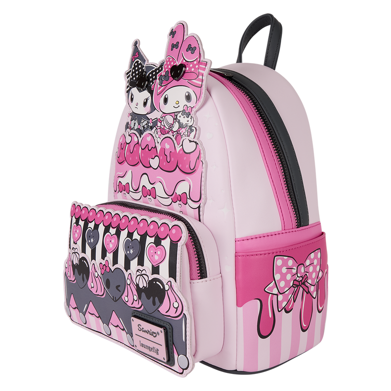 Pink Loungefly mini backpack with Sanrio My Melody and Kuromi cake design in faux leather