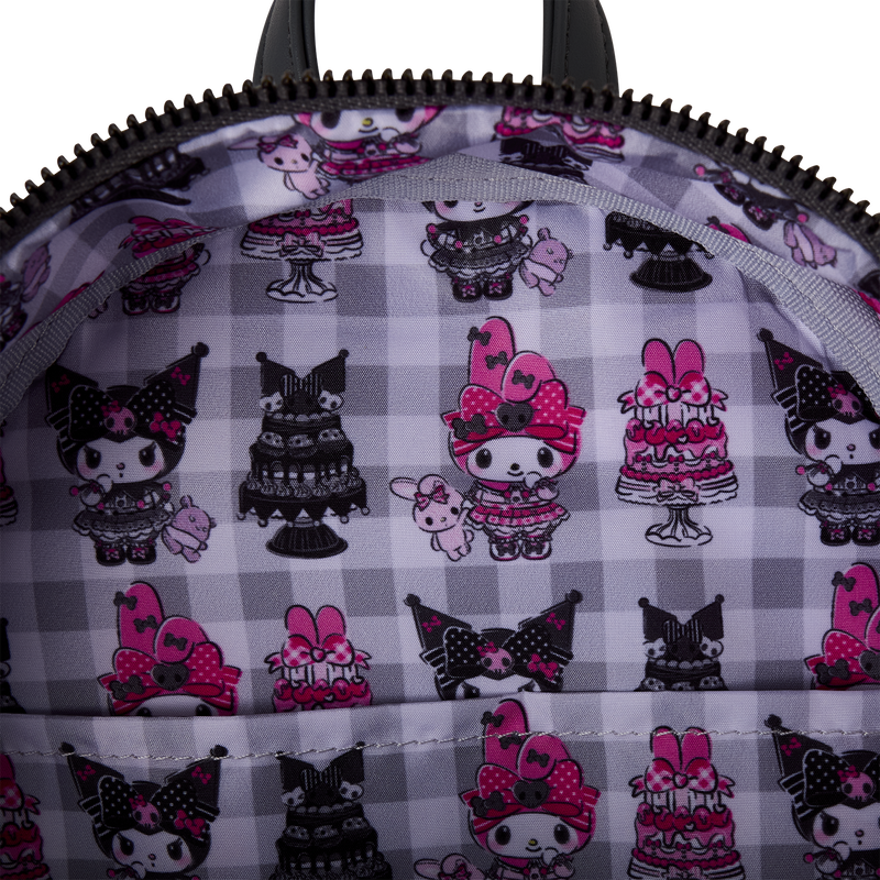 Interior lining of Loungefly Sanrio My Melody and Kuromi cake-themed mini backpack with character print on checkered fabric