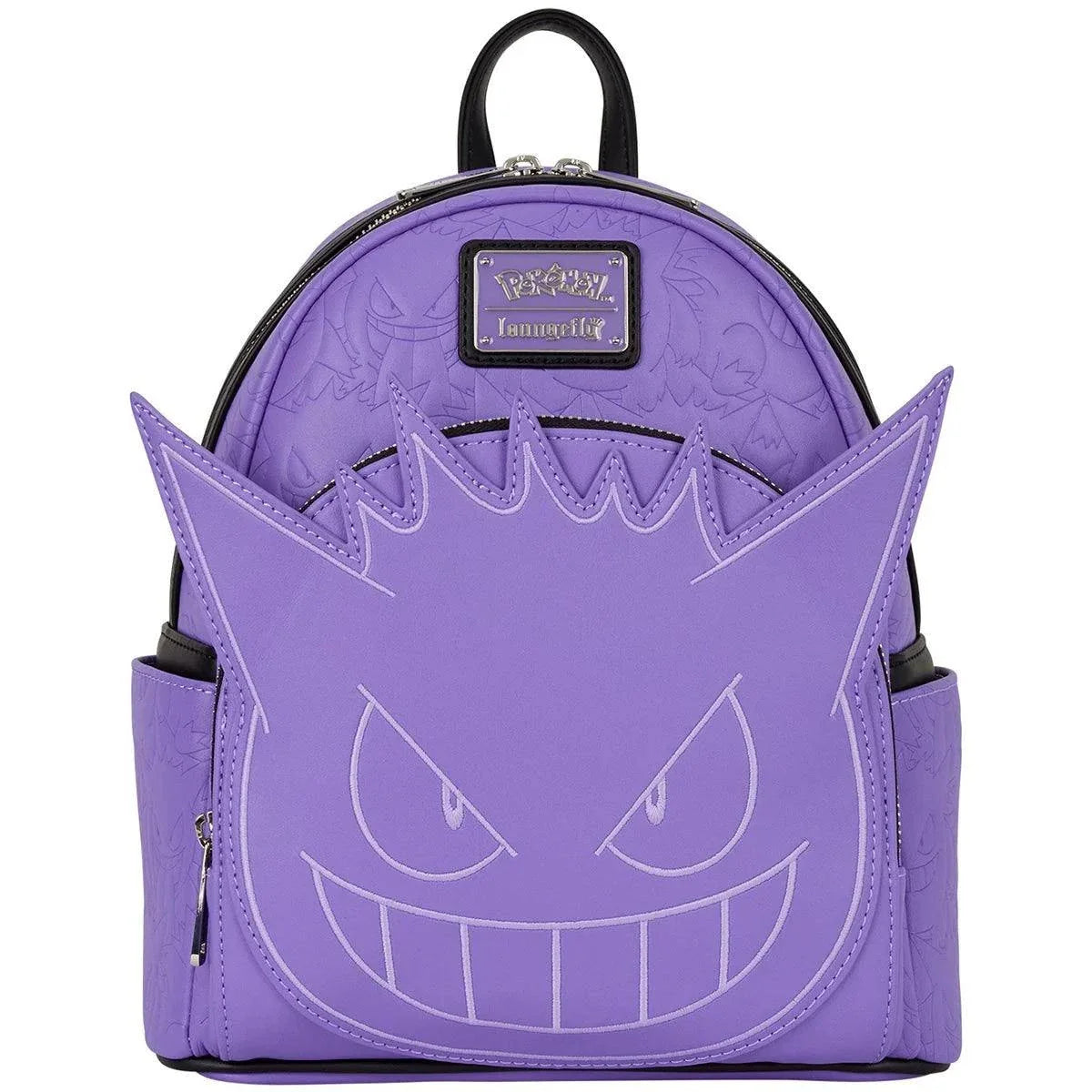 Purple Pokemon Gengar mini-backpack with adjustable straps, front zipper pocket, side drop pockets, and embroidered facial details.