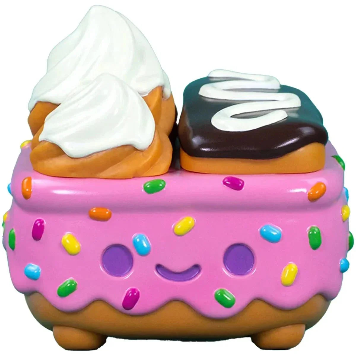 Dumpster Fire vinyl figure of a pink frosted donut with colorful sprinkles, smiling face, and topped with whipped cream and a chocolate glazed bar
