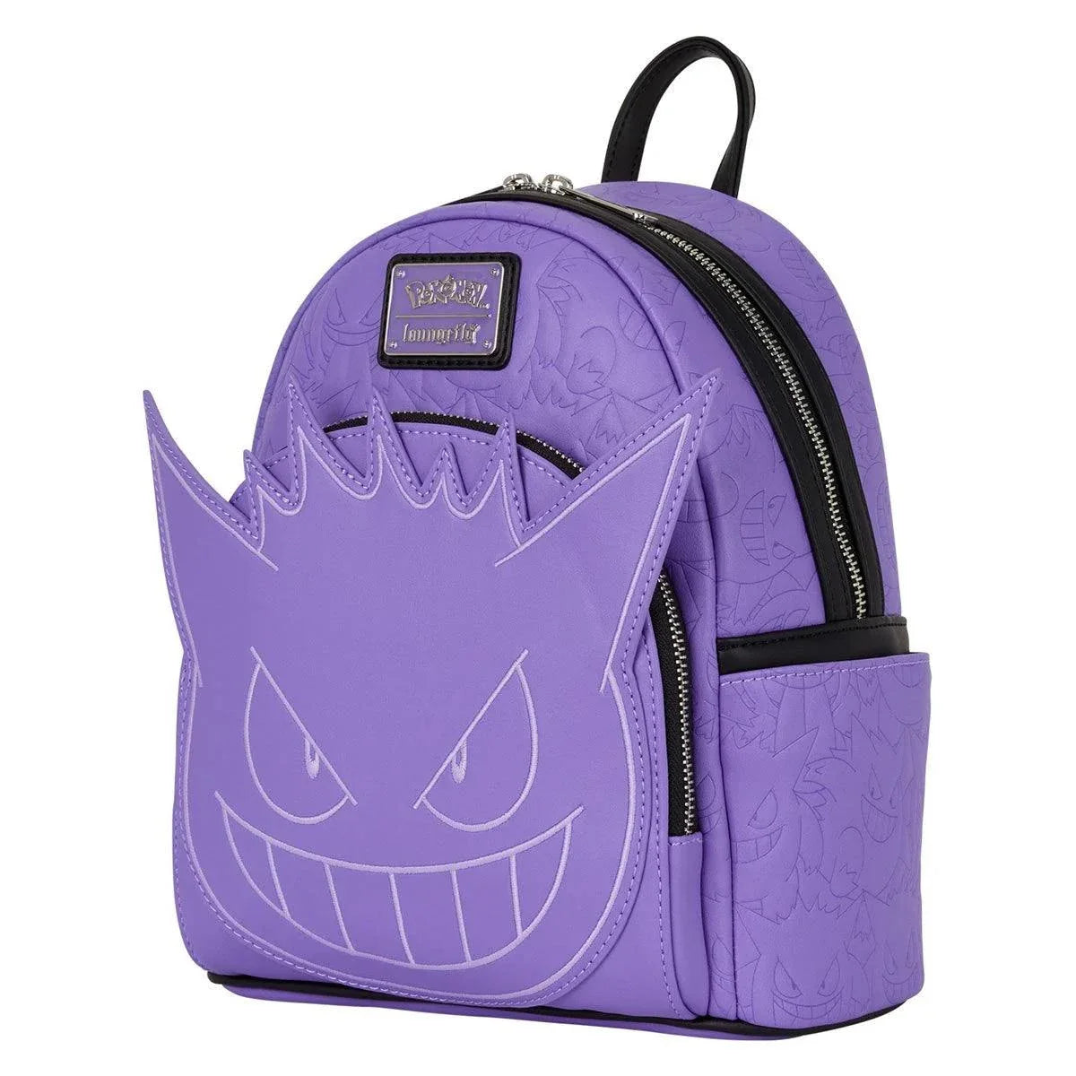 Purple Pokemon Gengar mini-backpack with applique face, adjustable straps, side pockets, and front zipper pocket made of faux leather.