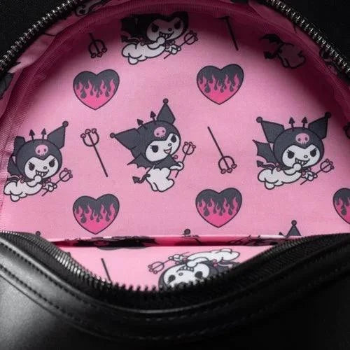 Interior of Sanrio Kuromi mini backpack with pink fabric featuring Kuromi character and flaming hearts pattern