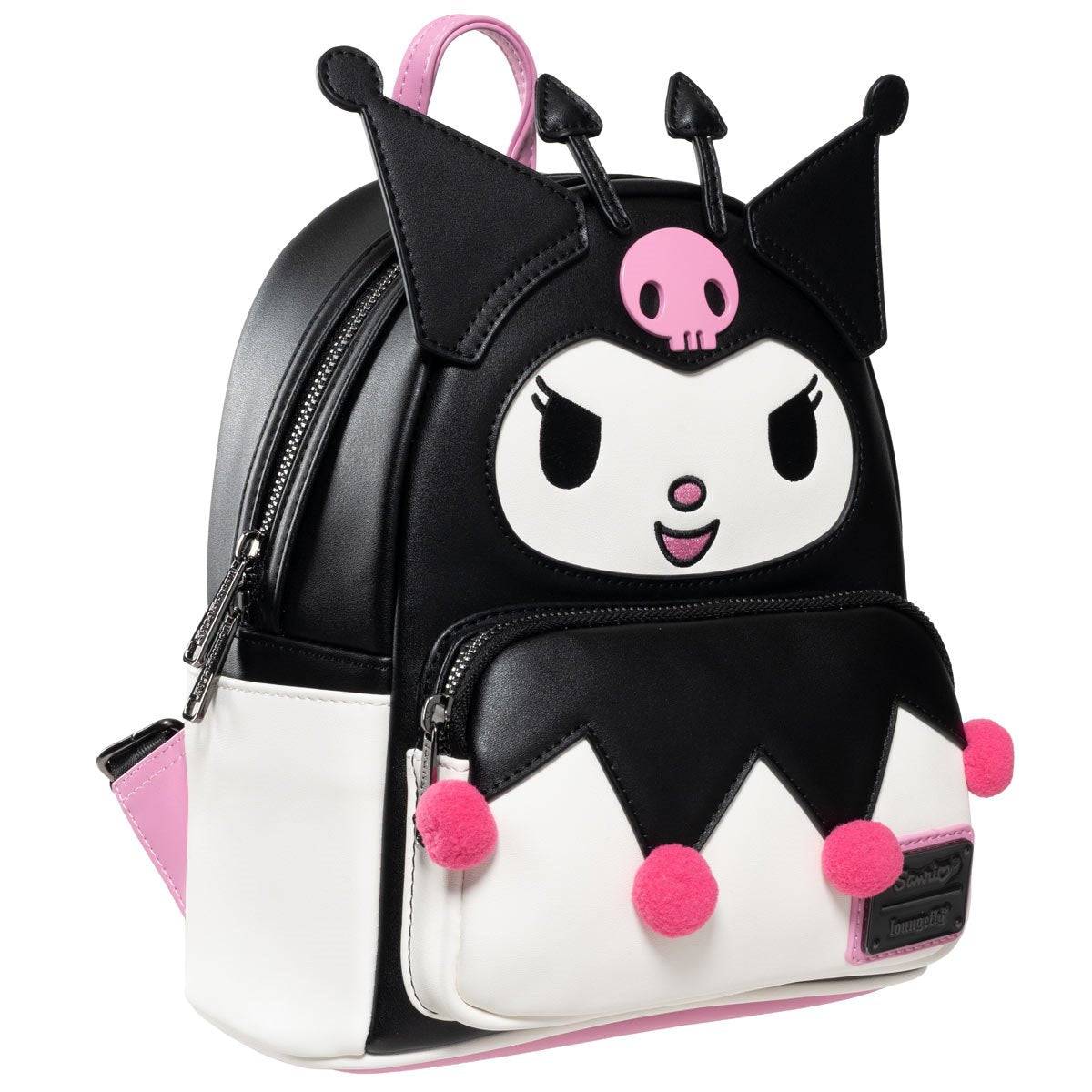 Sanrio Kuromi mini backpack in black and white with pink pom-poms and jester face design, vegan leather cosplay bag