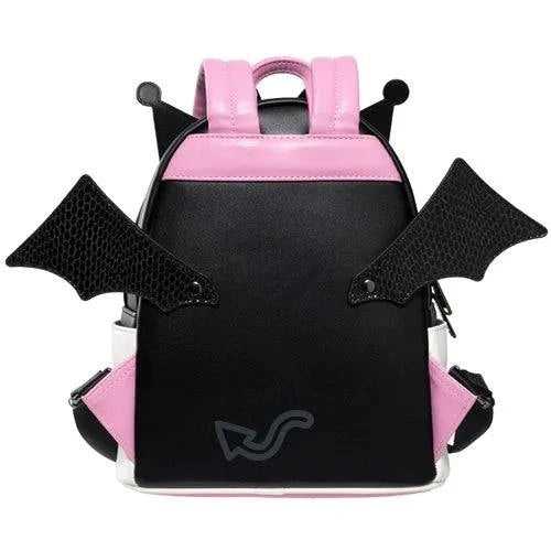Sanrio Kuromi mini backpack in black and pink vegan leather with bat wings and devil tail design