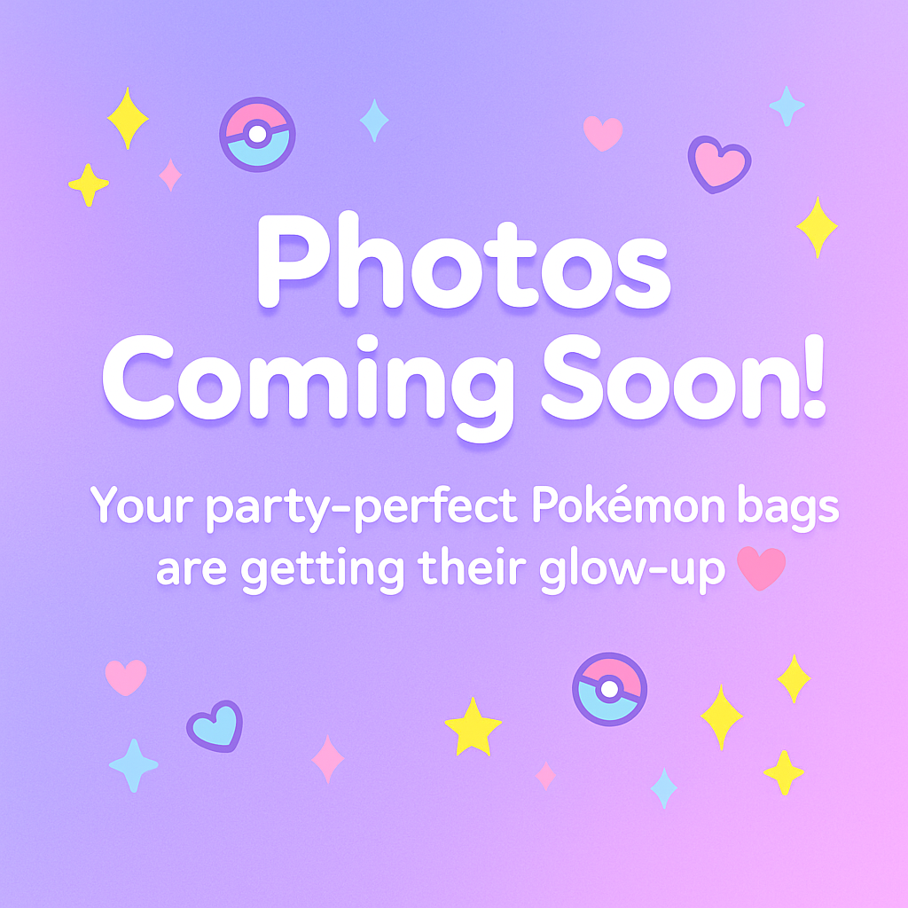 Placeholder image for Pokémon-themed birthday goodie bags with colorful stars, hearts, and Pokéball icons on a purple gradient background and text "Photos Coming Soon!"