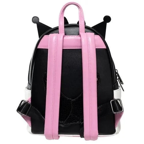 Sanrio Kuromi Mini Backpack in black and pink with pom-poms and jester ears, vegan leather cosplay bag