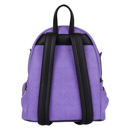 Purple Pokemon Gengar mini backpack with black adjustable shoulder straps and subtle Gengar face pattern.