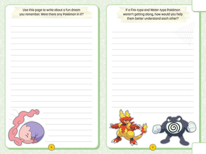 Open pages of My Super Awesome Pokémon Journey Notebook featuring lined writing prompts with Pokémon illustrations and creative questions for kids.