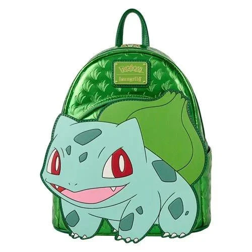 Green metallic Pokémon Loungefly mini backpack with embossed leaf pattern and Bulbasaur applique on front