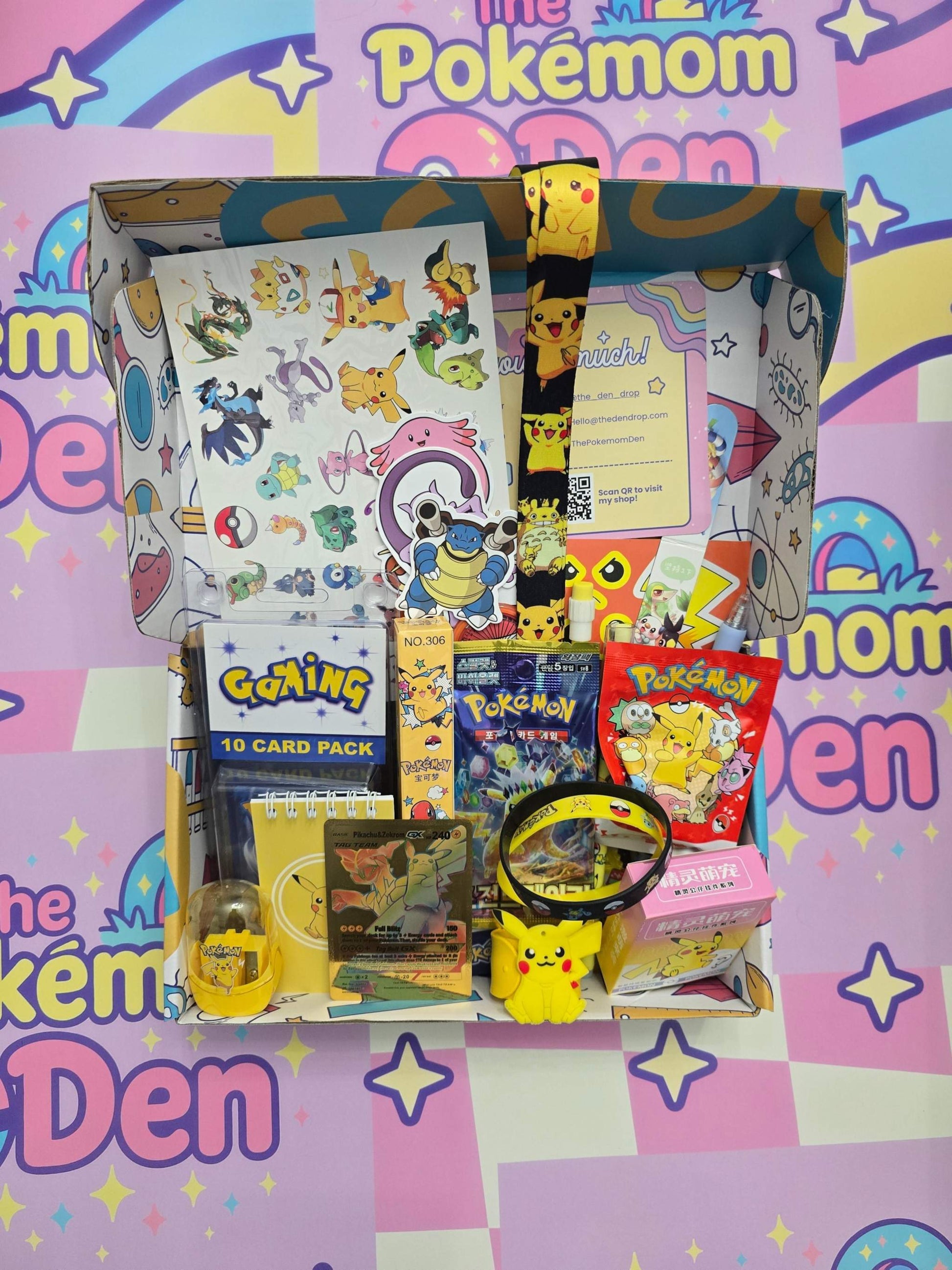 Pokémon Back-to-School Mystery Kit with stationery, stickers, keychain, booster packs, and surprise figure in colorful box