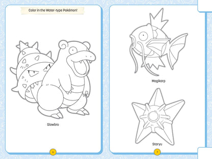 Coloring pages of Water-type Pokémon Slowbro, Magikarp, and Staryu from My Super Awesome Pokémon Journey Notebook for kids' creative play.