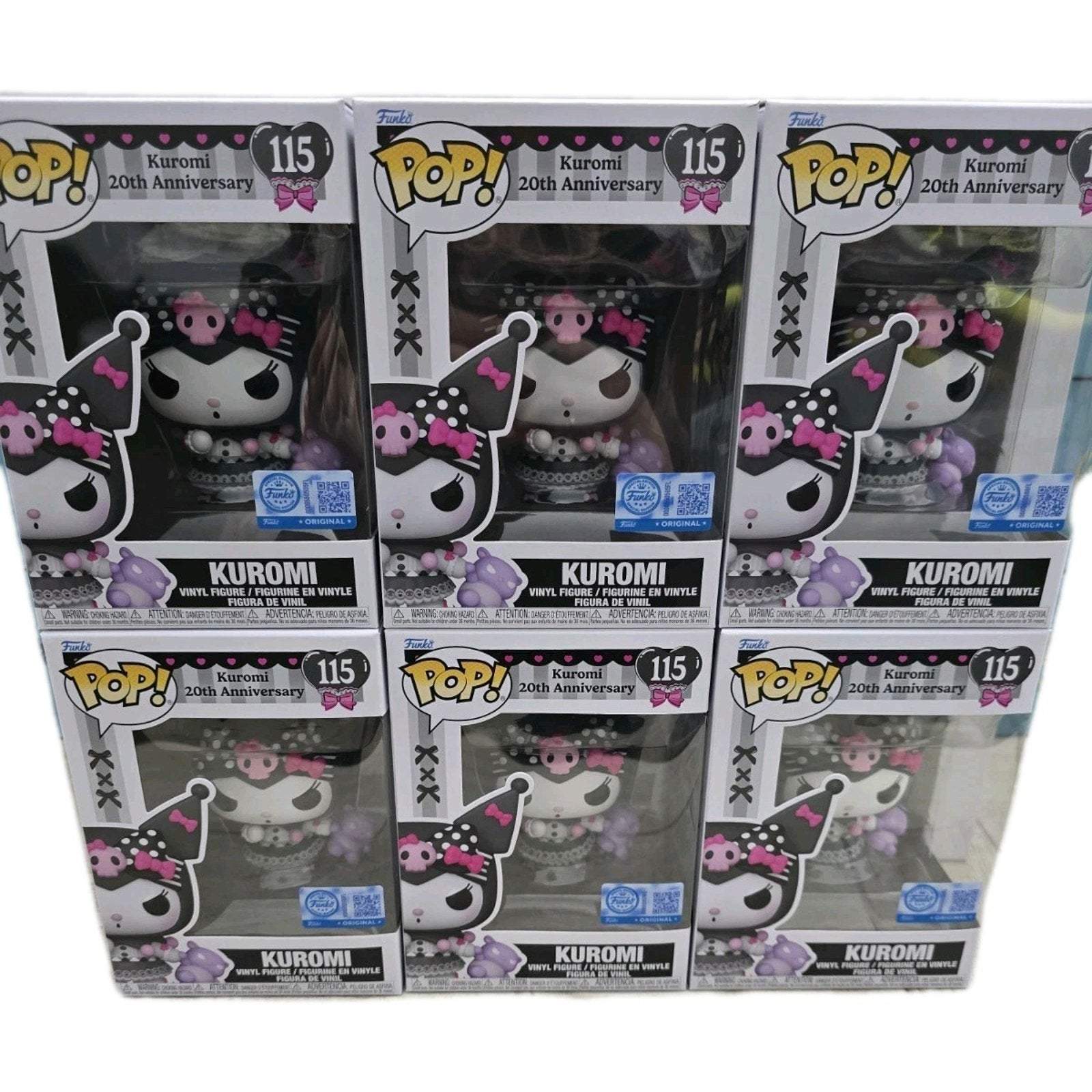 Sanrio Kuromi 20th Anniversary Funko Pop vinyl figure in special edition packaging with pink and black accents, six boxed units displayed.