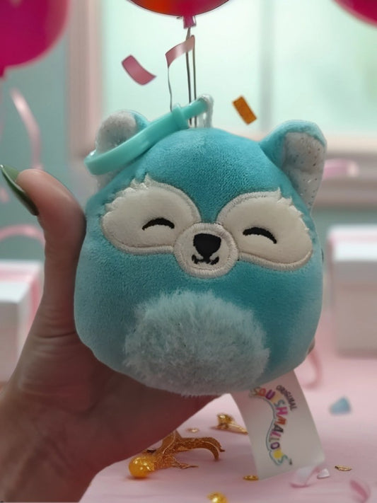 Squishmallow Dabney the Fox Plush 3.5” – Blue Clip-On Mini Keychain Kellytoy