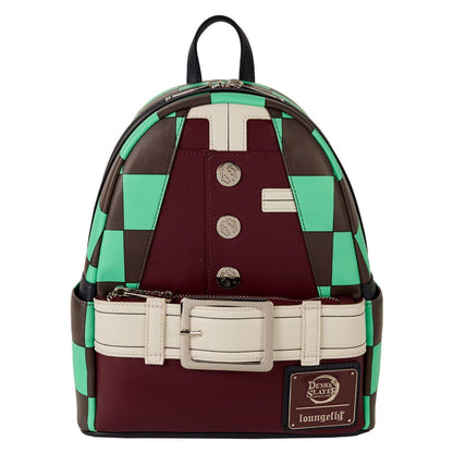 Loungefly Demon Slayer Tanjiro Kamado cosplay mini backpack with green and brown checkered pattern, faux leather, adjustable straps, and detailed character design.