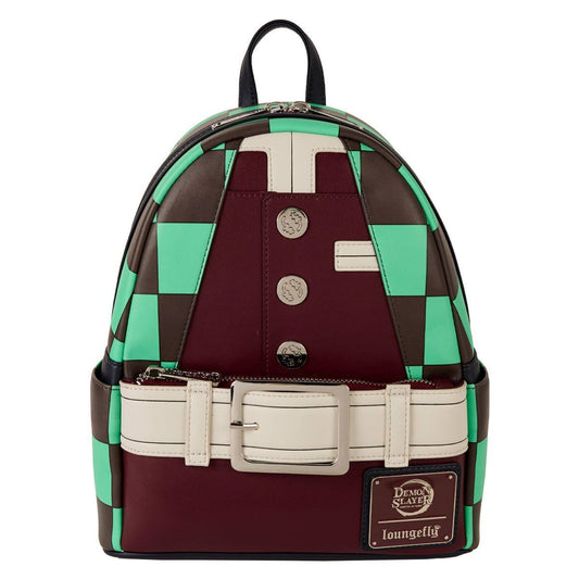 Loungefly Demon Slayer Tanjiro Kamado cosplay mini backpack with green and brown checkered pattern, faux leather, adjustable straps, and detailed character design.