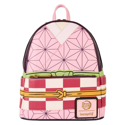 Loungefly Demon Slayer mini backpack featuring Nezuko Kamado design with pink geometric pattern and faux leather detailing