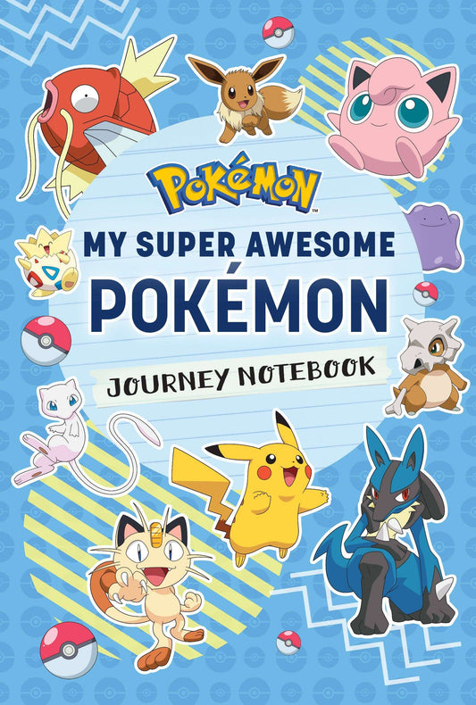 My Super Awesome Pokémon Journey Notebook with Pikachu, Eevee, and other Pokémon characters on blue cover