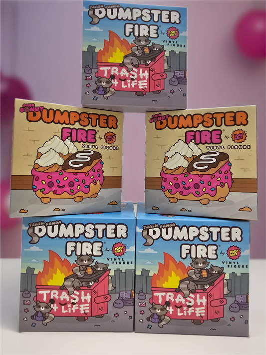 Assorted Dumpster Fire vinyl figure collectible boxes featuring cartoon designs of fire, dumpsters, and donuts with pink frosting and sprinkles.