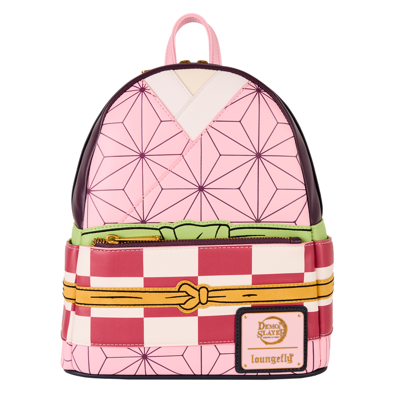 Loungefly Demon Slayer mini backpack featuring Nezuko Kamado design with pink geometric pattern and red checkered front pocket.