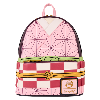 Loungefly Demon Slayer mini backpack featuring Nezuko Kamado design with pink geometric pattern and red checkered front pocket.