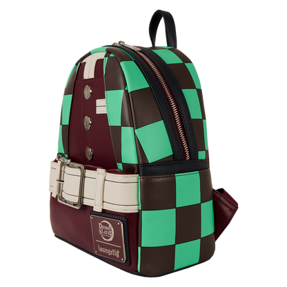 Loungefly Demon Slayer mini backpack featuring Tanjiro Kamado design with green and brown checkered pattern and faux leather construction