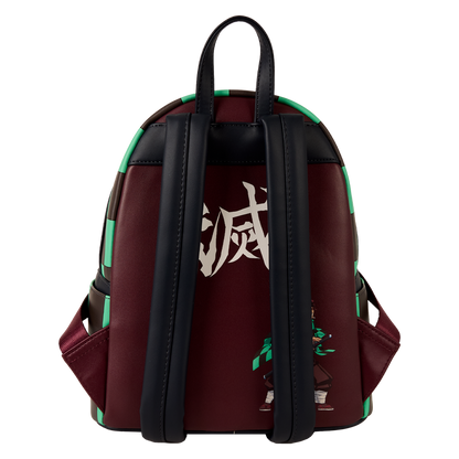 Back view of Loungefly Demon Slayer Tanjiro Kamado cosplay mini backpack with adjustable straps and character design.