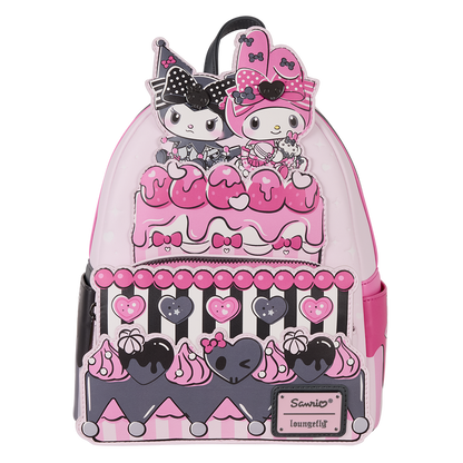Loungefly Sanrio My Melody and Kuromi mini backpack with cake design in pink and black faux leather