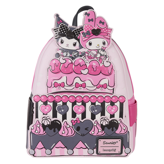 Loungefly Sanrio My Melody and Kuromi mini backpack with cake design in pink and black faux leather