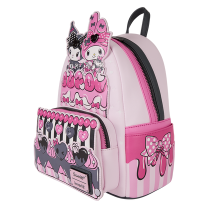 Pink Loungefly mini backpack with Sanrio My Melody and Kuromi cake design in faux leather