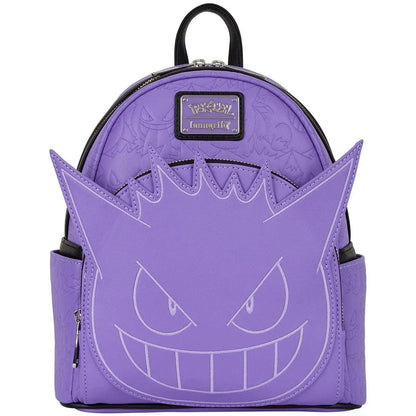 Purple Pokemon Gengar mini-backpack with adjustable straps, front zipper pocket, side drop pockets, and embroidered facial details.
