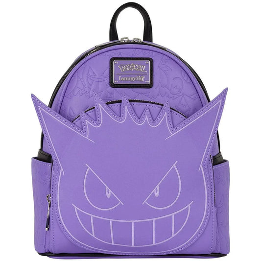 Purple Pokemon Gengar mini-backpack with adjustable straps, front zipper pocket, side drop pockets, and embroidered facial details.