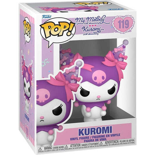 Funko Pop! Sanrio Kuromi grumpy vinyl figure in purple outfit with pink bows, 20th Anniversary edition, in display box.
