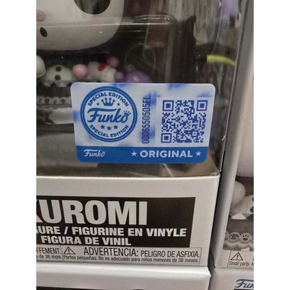 Close-up of Sanrio Kuromi 20th Anniversary Funko Pop! Vinyl Figure #115 with Special Edition authenticity sticker on packaging