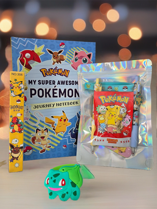 Pokémon-Inspired Mystery Kit with journey notebook, snap bracelet, holo card, Pokémon-themed pens, erasers, wristbands, and magnetic bookmark