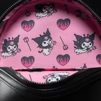 Interior of Sanrio Kuromi mini backpack with pink fabric featuring Kuromi character and flaming hearts pattern