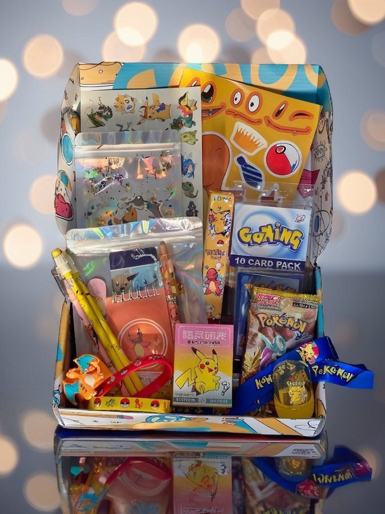 Pokémon Back-to-School Mystery Kit with pencils, erasers, stickers, keychain, notebooks, Pokémon cards, and themed school supplies in a colorful box